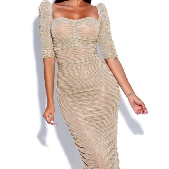 Callie Lives Xena Ruched Gold Stretch Chiffon Sweetheart Split Maxi TUBE Dress L - Picture 5 of 11